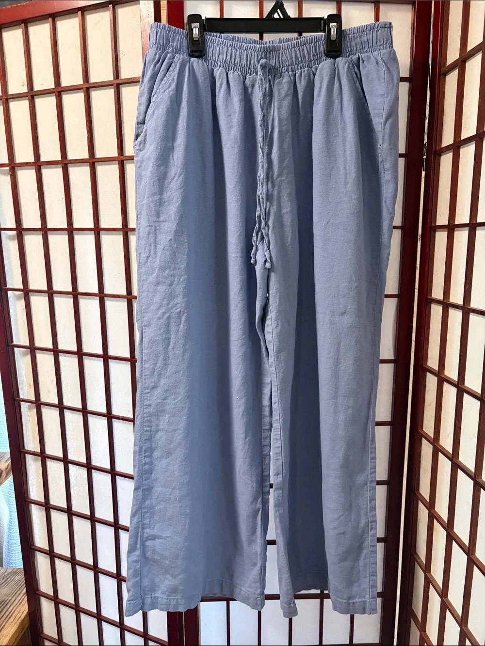 Light Blue woman’s Drawstring Linen-Blend Pants very comfortable can fit a large